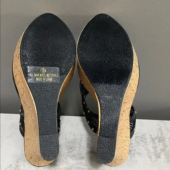 VENUS Black and Tan Beaded Mesh Wedge Sandals Size 8 - Picture 12 of 13